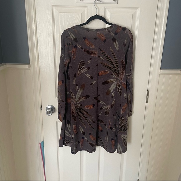 Jardin by Macris Tunic Sweater Dress S Feather Print Pockets Brown Flare Swing - Picture 7 of 8